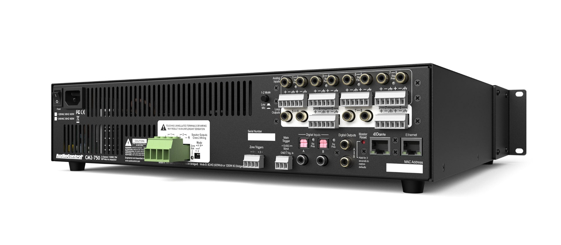 AudioControl 8611627 CM2-750D with Dante 2-Channel Dual-Mode 70V DSP Amplifier with Dante